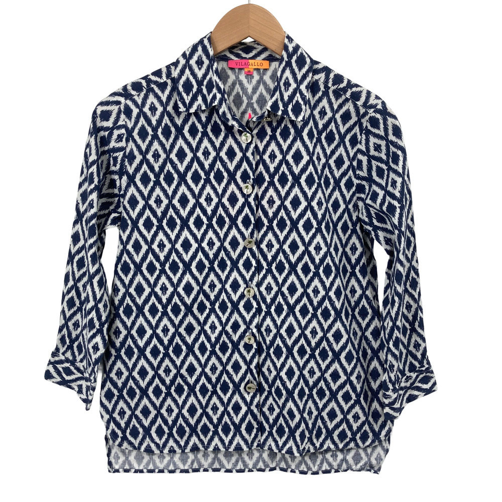 Vilagallo Blue White Ikat Print Button Front Shirt Embroidered Size 38 Small